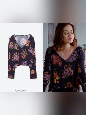 Zara Navy Floral Blouse with Button-Trim Sleeves